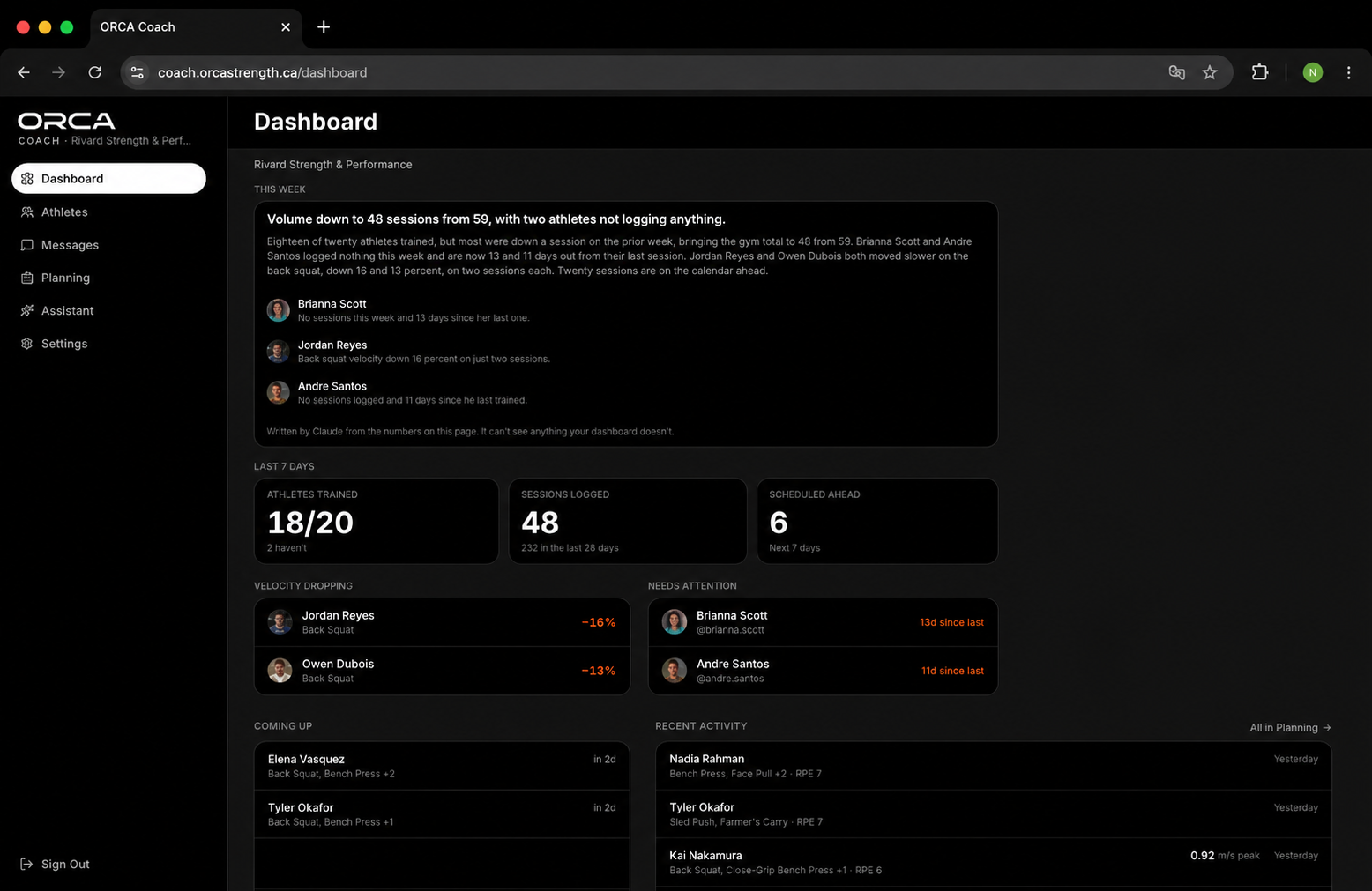 ORCA Coach Portal dashboard with weekly summary, athlete activity and attention flags