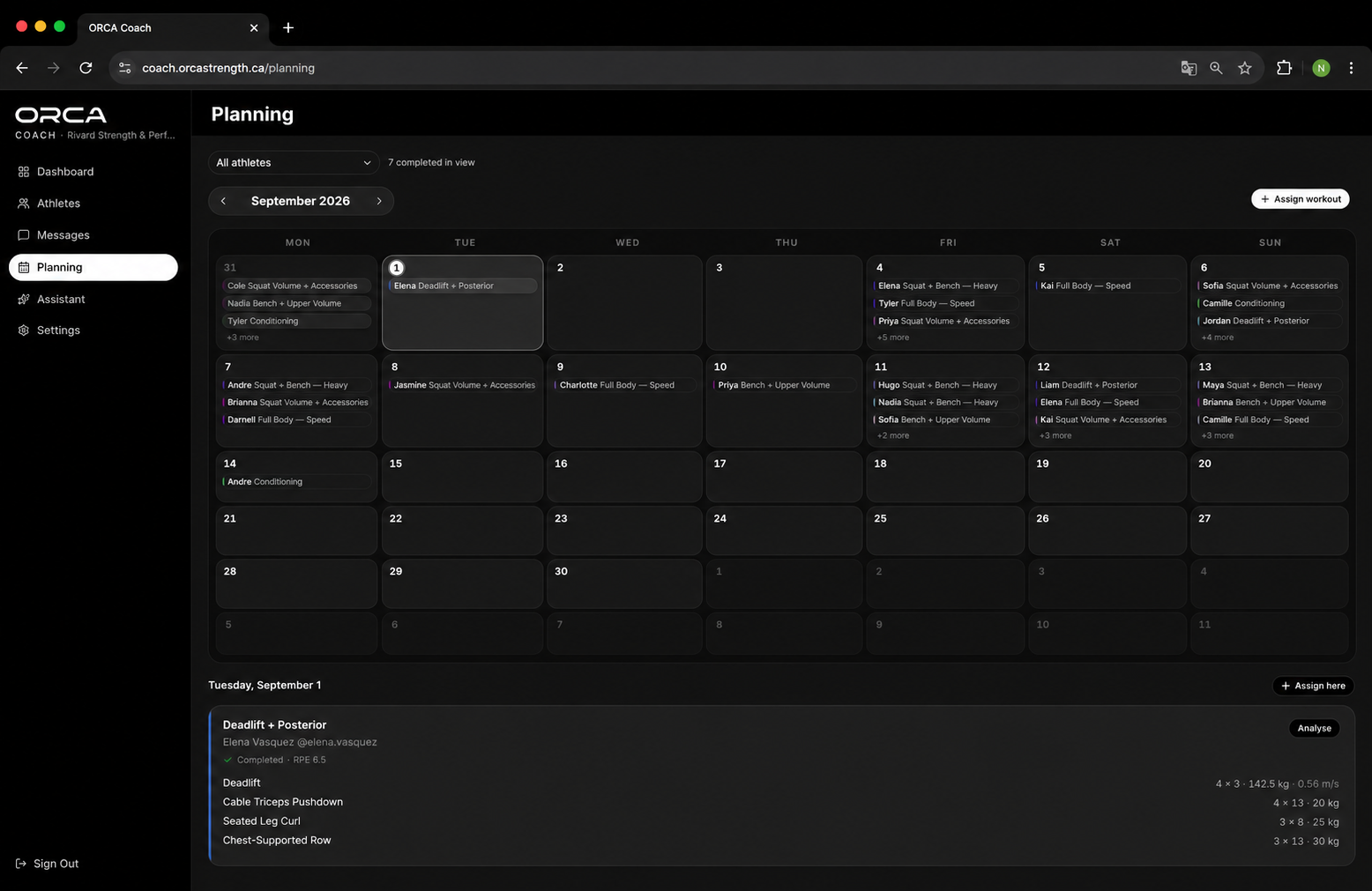 ORCA Coach Portal planning calendar with assigned workouts across the month