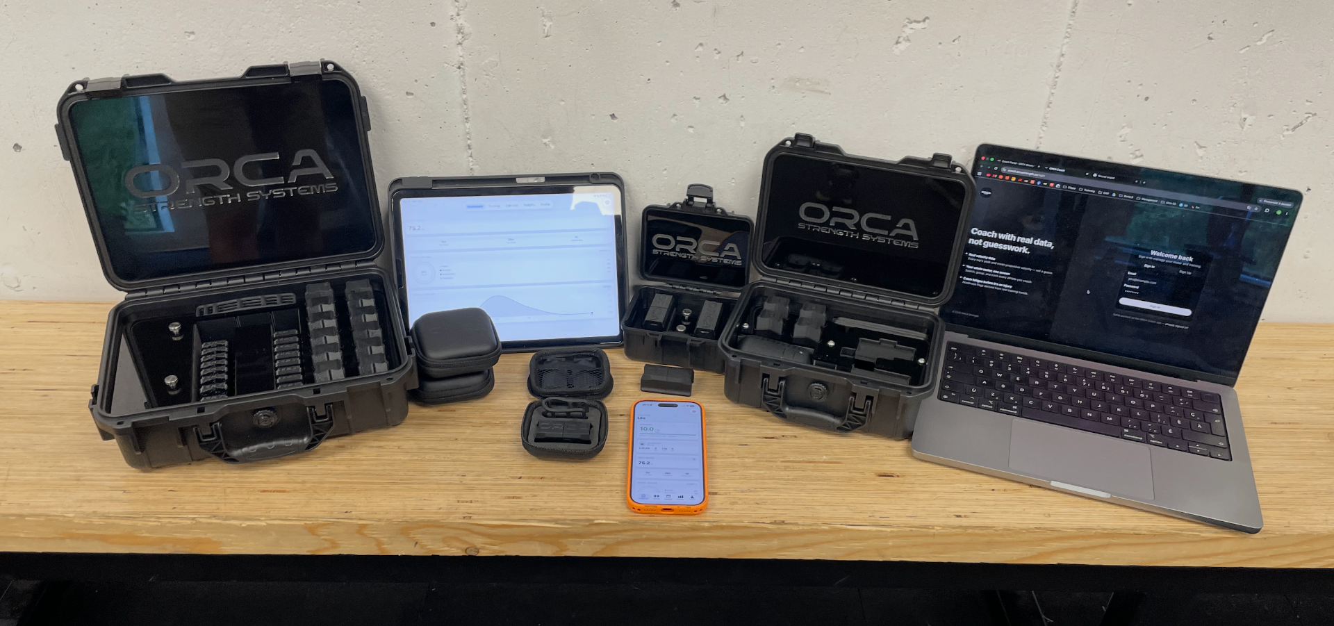Full ORCA catalogue showing sensors, cases, athlete app and coach portal side by side
