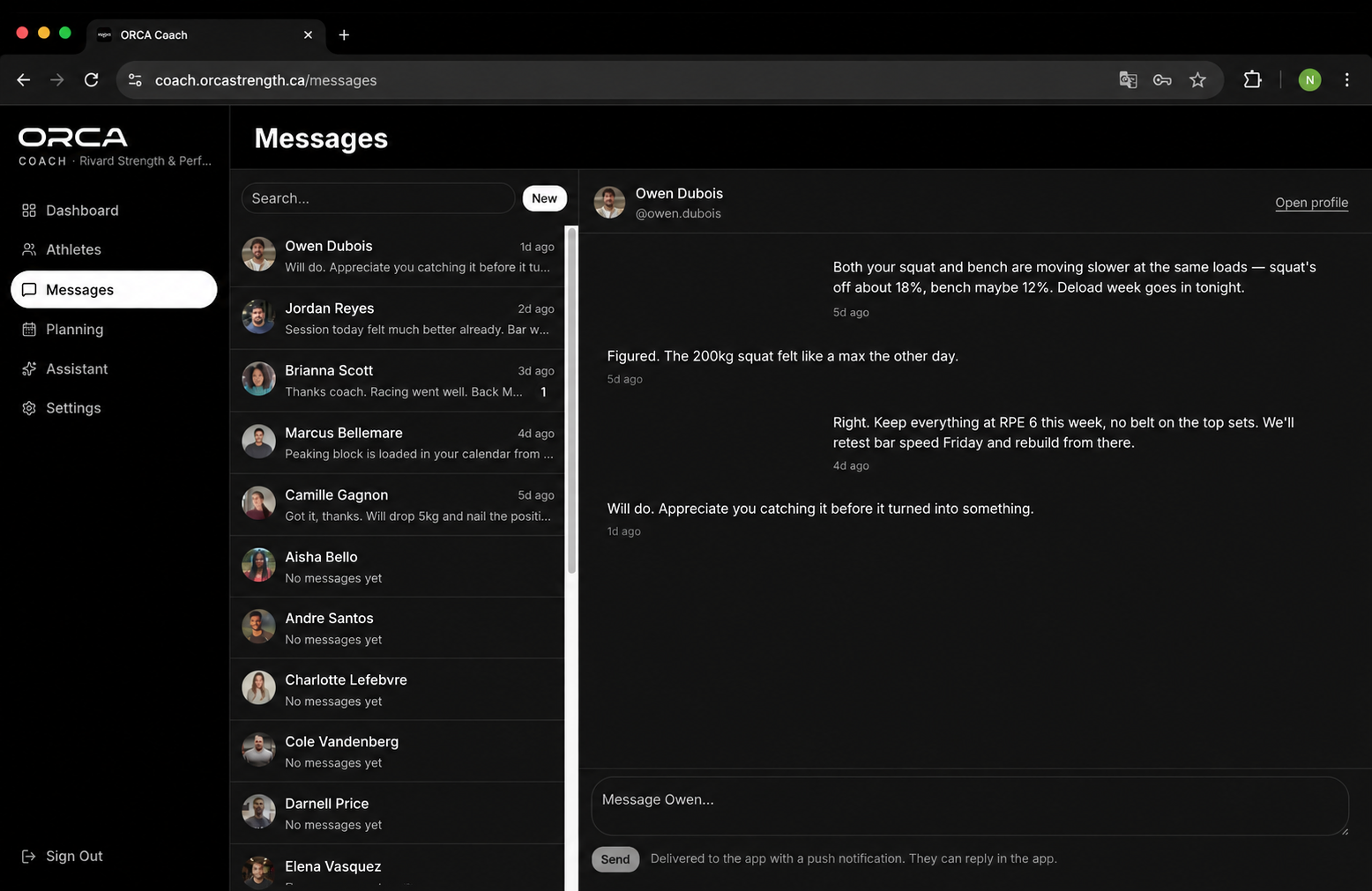 ORCA Coach Portal messaging view showing coach-athlete conversation