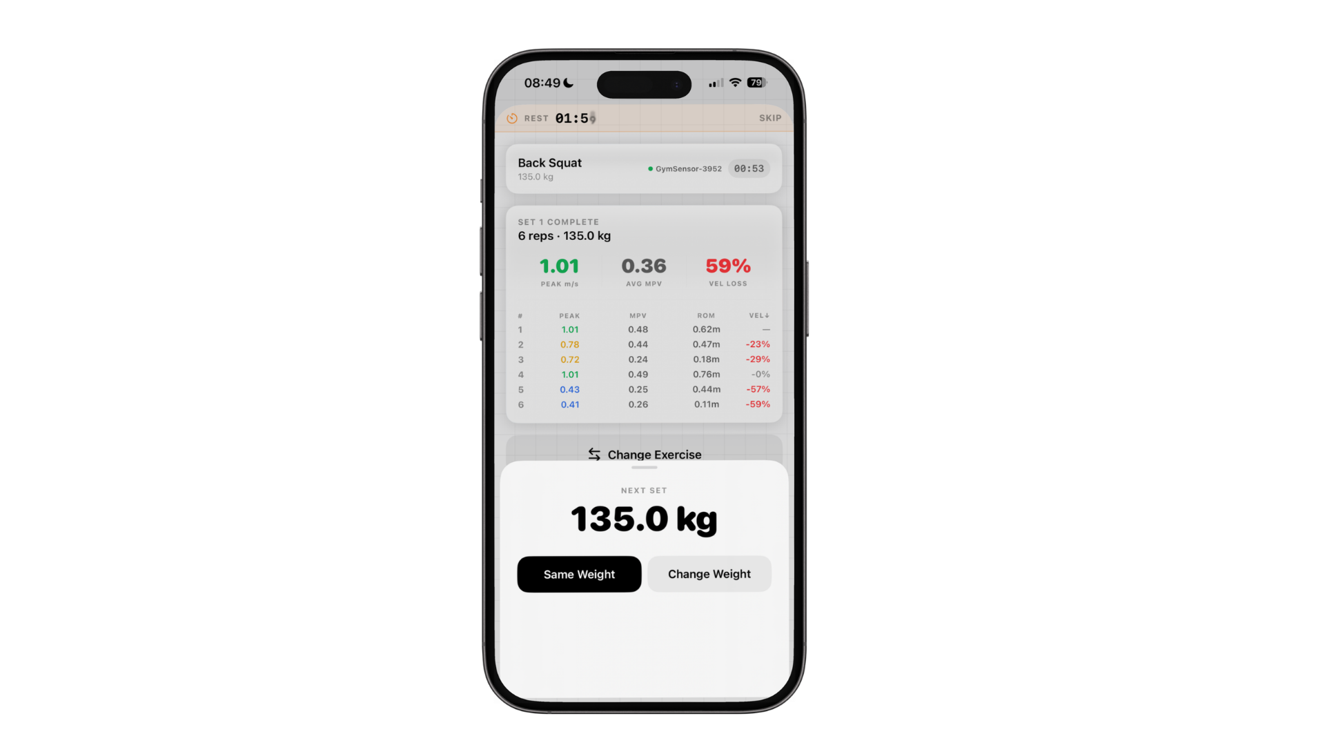 ORCA athlete app showing completed set with peak velocity, MPV and velocity loss per rep