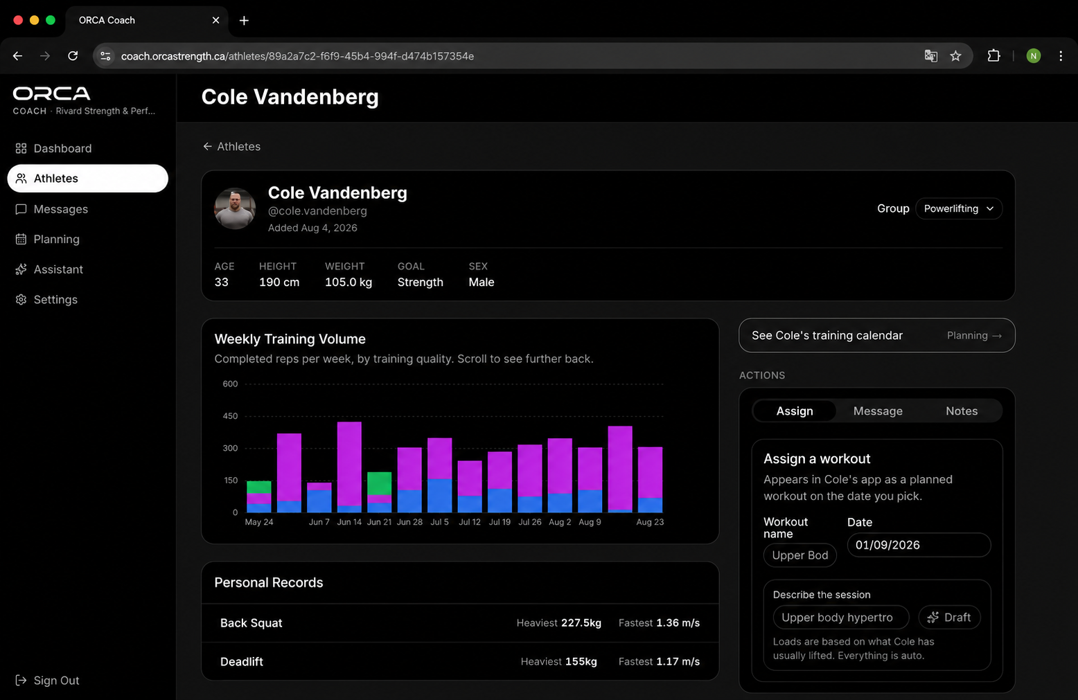 ORCA Coach Portal athlete profile with weekly training volume, personal records and workout assignment
