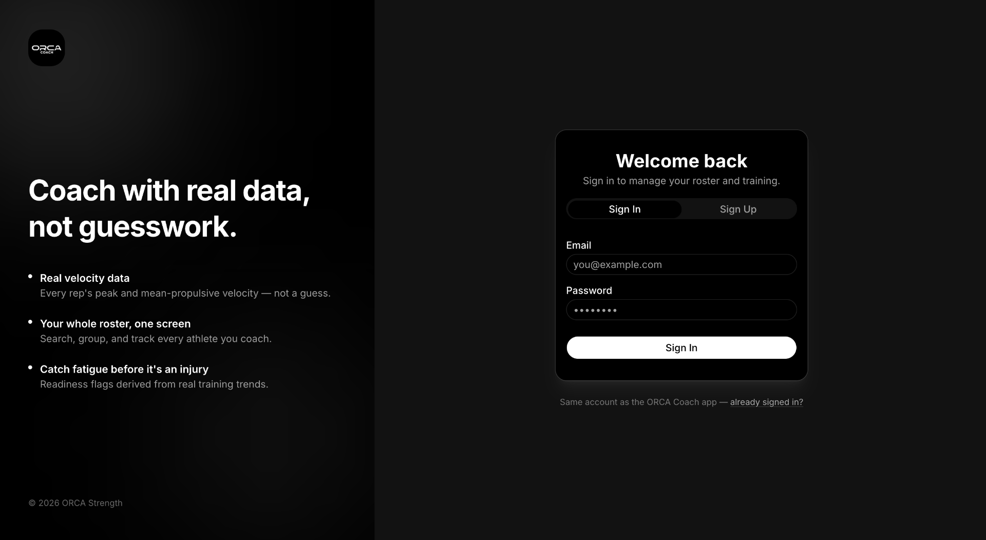 ORCA Coach Portal desktop sign-in screen
