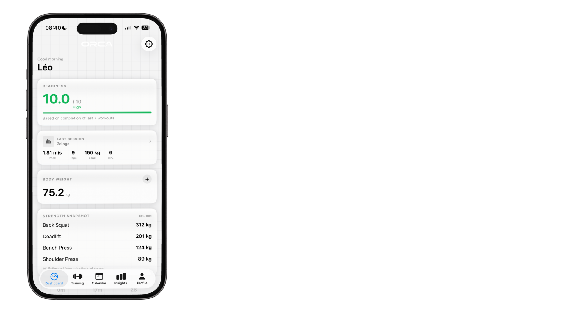 ORCA athlete app dashboard showing readiness, last session and strength snapshot